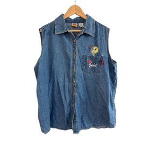 Vintage Looney Tunes Tweety Womens Plus Denim Vest 18W/20W Blue Embroidered Vint